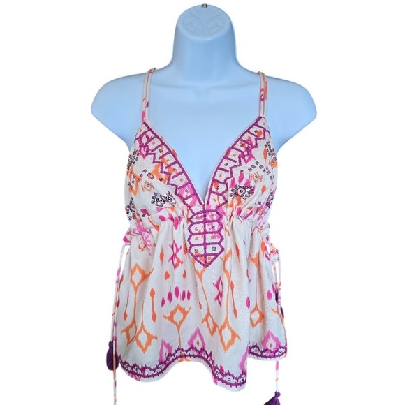 Unbranded Tops - Boho Ikat‎ Print Cami Top Women XS Pink Orange Sequin Tassel Festival Babydoll
